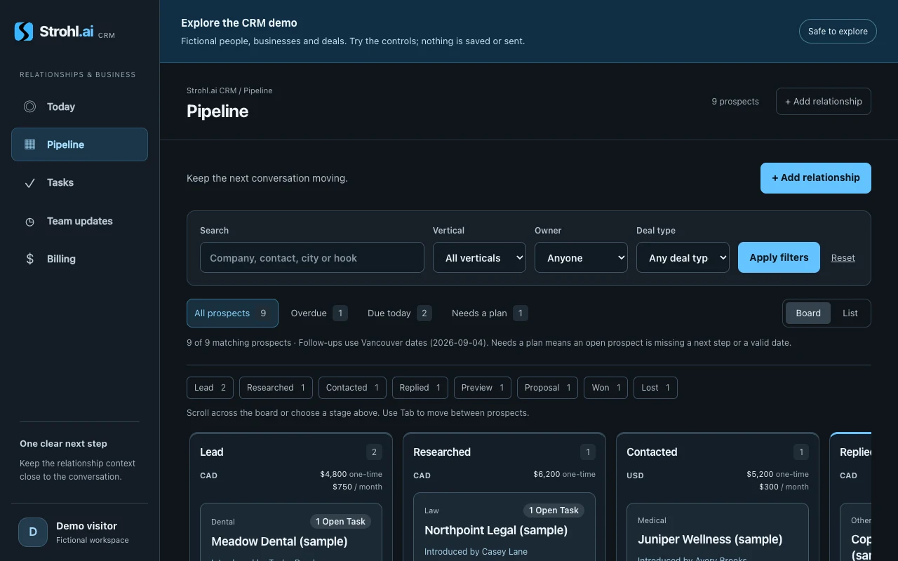 Strohl CRM’s public demo, with fictional relationships and follow-ups
