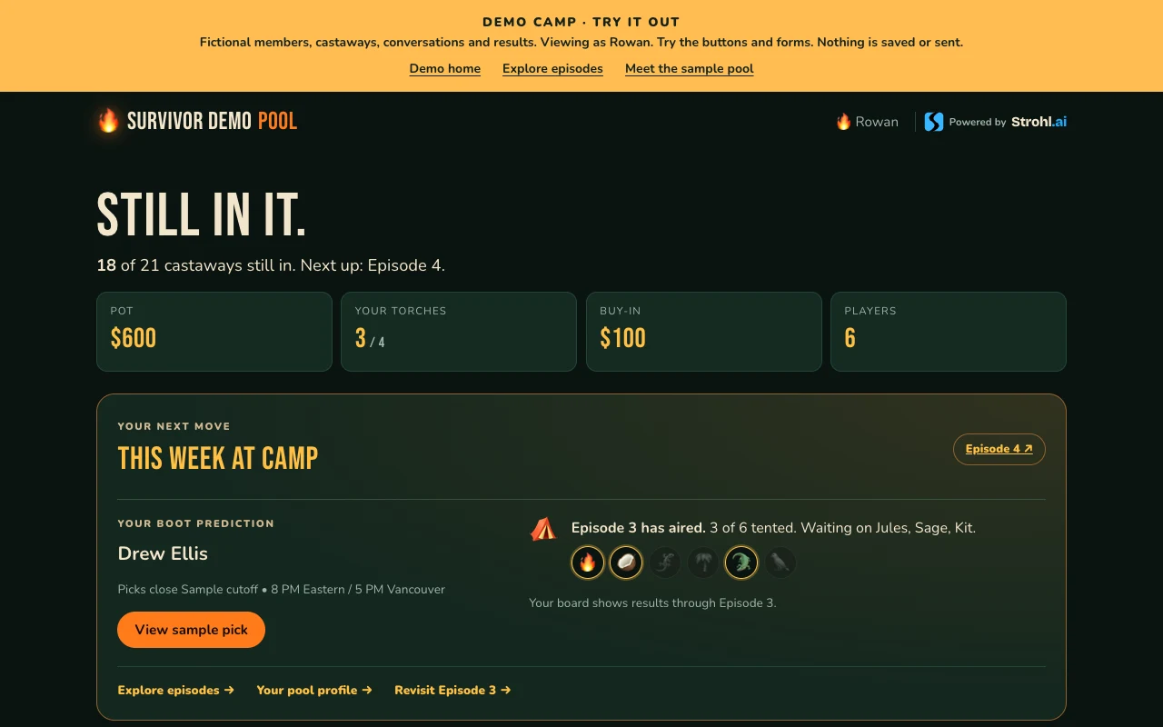 Survivor Pool’s public demo with fictional members, teams and episode results